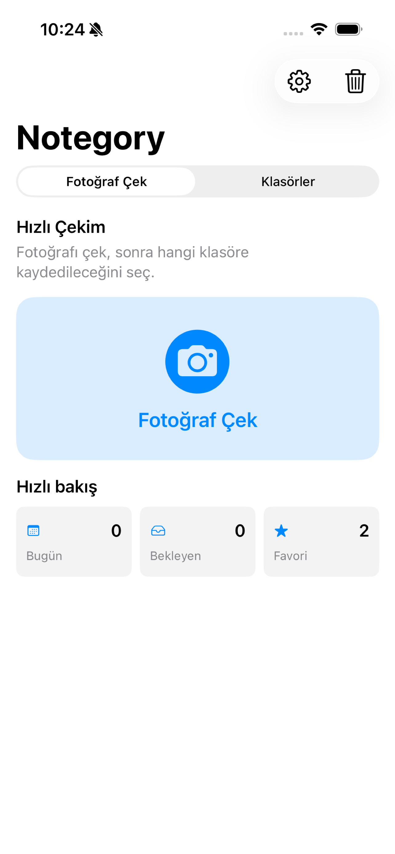 Notegory’nin gerçek fotoğraf çekme ekranı