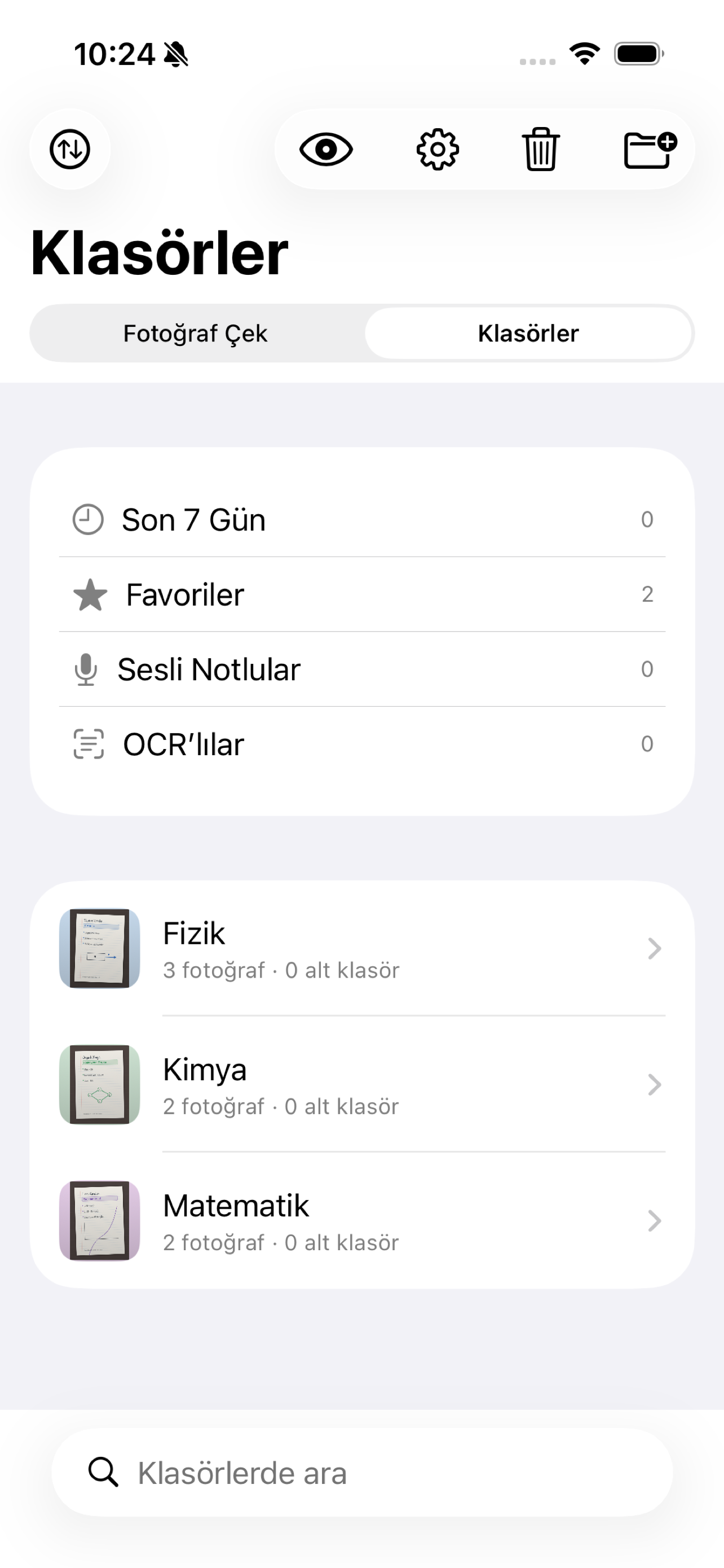 Gerçek Notegory ekranında Fizik, Kimya ve Matematik ders klasörleri